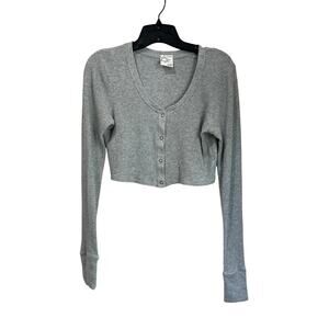 Offline by Aerie Cropped Gray Waffle Knit Button Cardigan Sz S Y2K